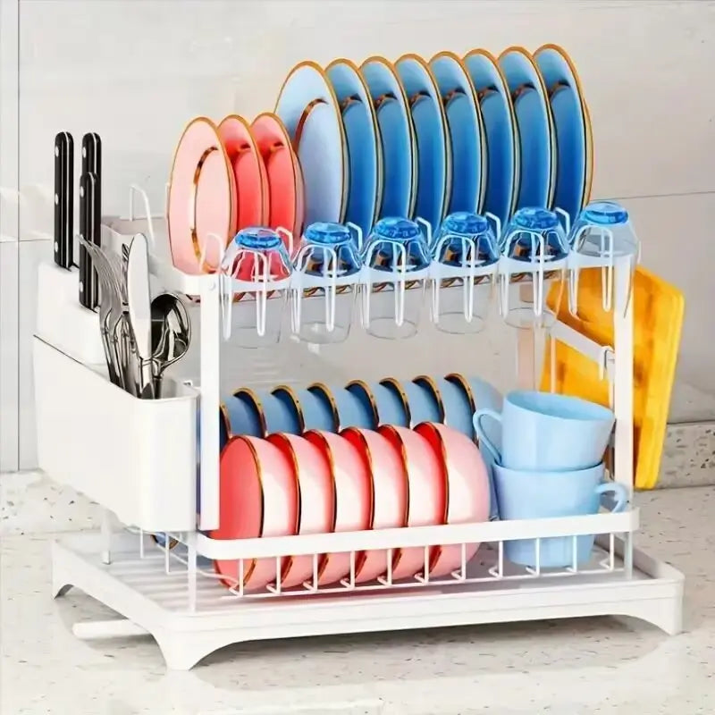 Garderion Kitchen Double Drain Rack - 2-Layer Dish Drainer with Cup Holder Garderion