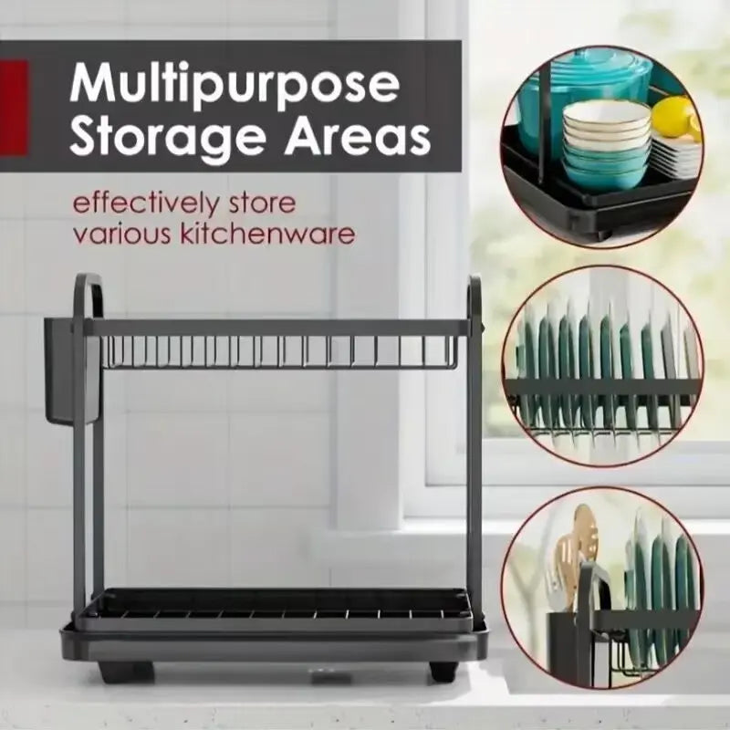 Garderion Kitchen Double Drain Rack - 2-Layer Dish Drainer with Cup Holder Garderion