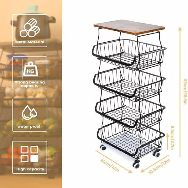 Garderion 5-Layer Fruit & Vegetable Storage Cart - Stackable Wire Basket with Wheels Garderion