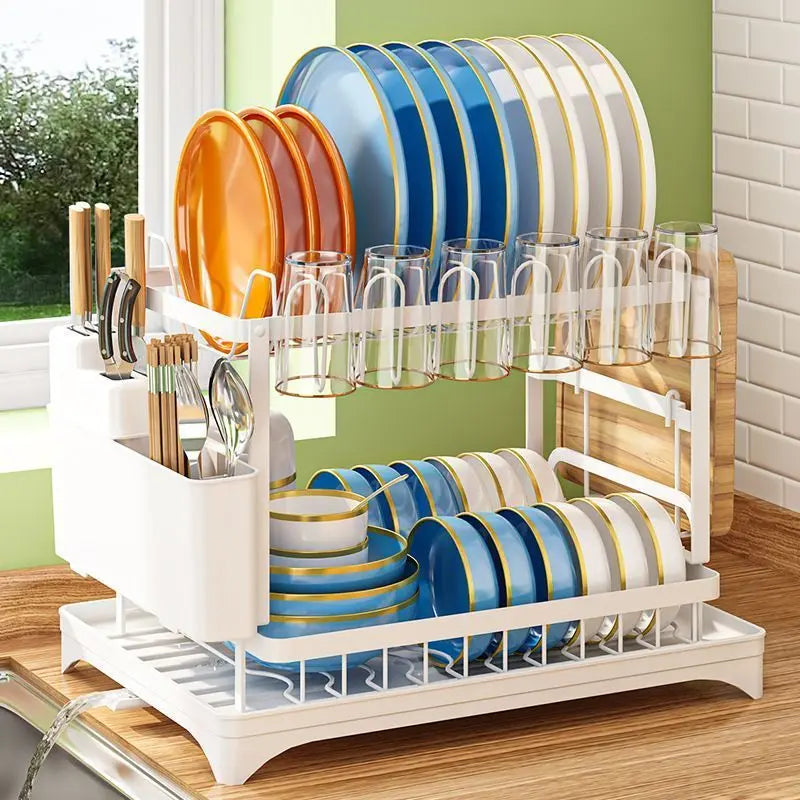 Garderion Kitchen Double Drain Rack - 2-Layer Dish Drainer with Cup Holder Garderion