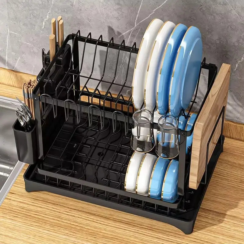 Garderion Kitchen Double Drain Rack - 2-Layer Dish Drainer with Cup Holder Garderion