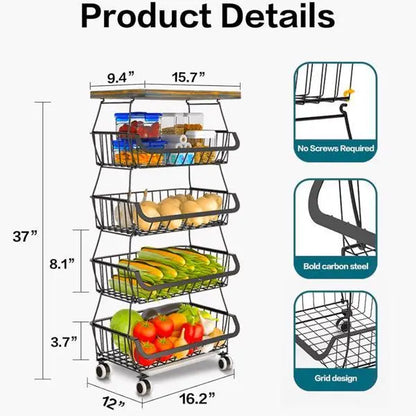 Garderion 5-Layer Fruit & Vegetable Storage Cart - Stackable Wire Basket with Wheels Garderion