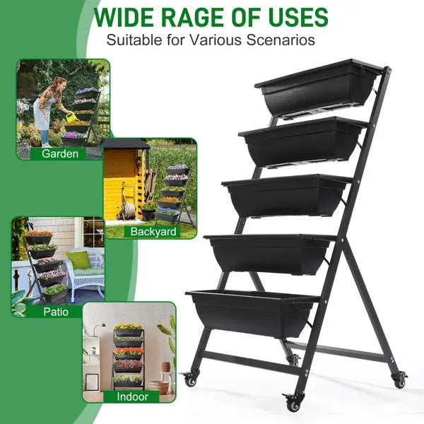 Garderion 5-Tier Vertical Garden Bed With Wheels – Black Garderion