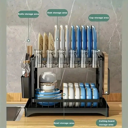 Garderion Kitchen Double Drain Rack - 2-Layer Dish Drainer with Cup Holder Garderion