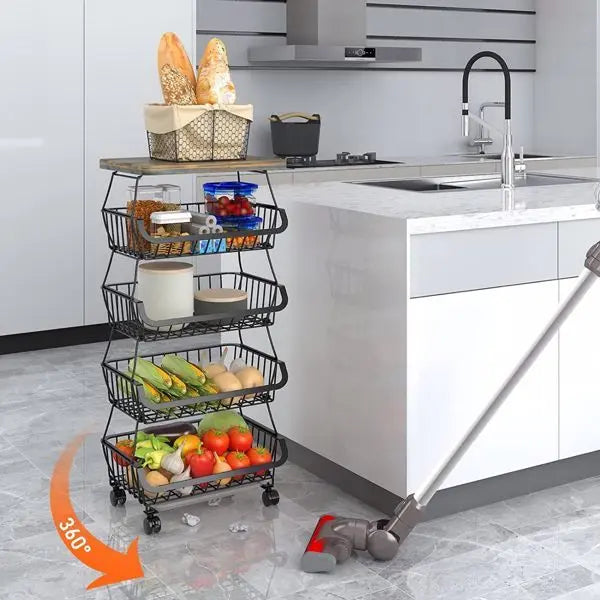 Garderion 5-Layer Fruit & Vegetable Storage Cart - Stackable Wire Basket with Wheels Garderion