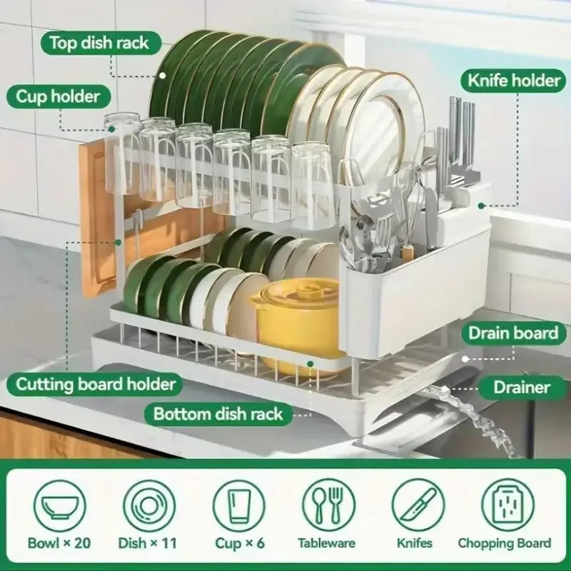 Garderion Kitchen Double Drain Rack - 2-Layer Dish Drainer with Cup Holder Garderion