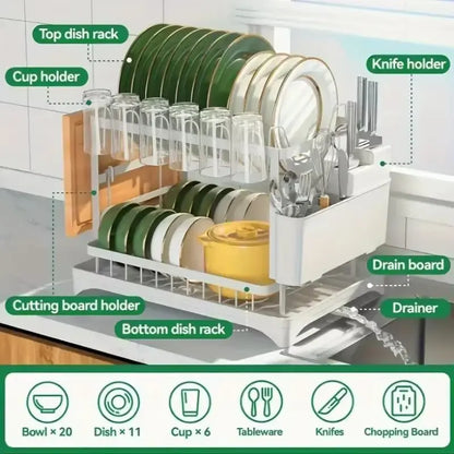 Garderion Kitchen Double Drain Rack - 2-Layer Dish Drainer with Cup Holder Garderion