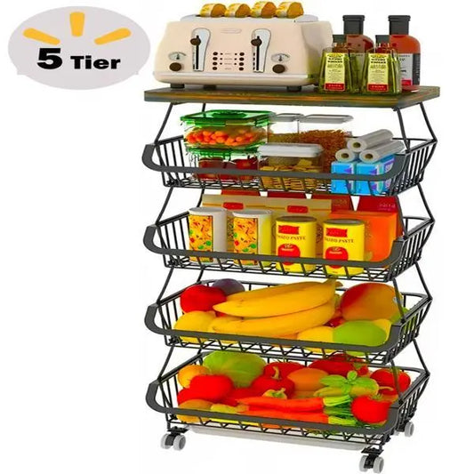 Garderion 5-Layer Fruit & Vegetable Storage Cart - Stackable Wire Basket with Wheels Garderion