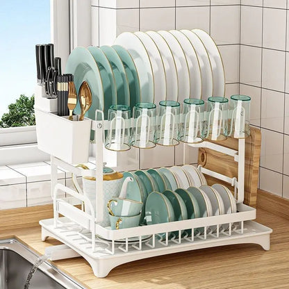 Garderion Kitchen Double Drain Rack - 2-Layer Dish Drainer with Cup Holder Garderion