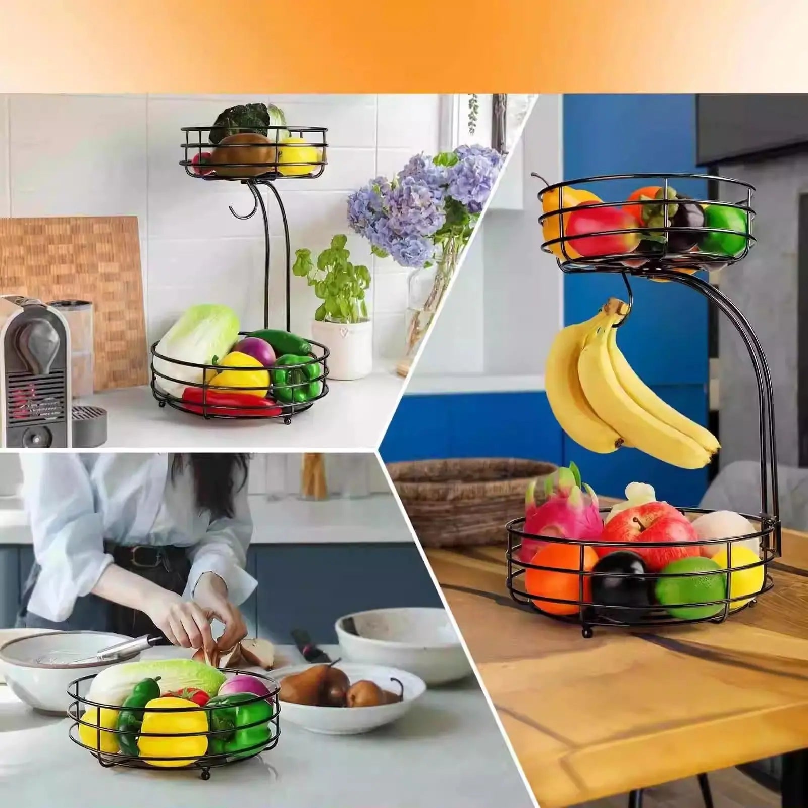 Garderion Double-Layer Fruit Basket - Wrought Iron Snack Storage Garderion