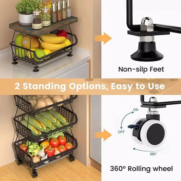 Garderion 5-Layer Fruit & Vegetable Storage Cart - Stackable Wire Basket with Wheels Garderion
