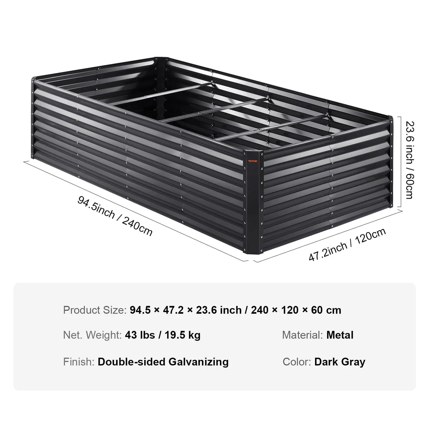 Garderion VEVOR Galvanized Raised Garden Bed 94.5x47.2x23.6" for Flowers & Vegetables Garderion