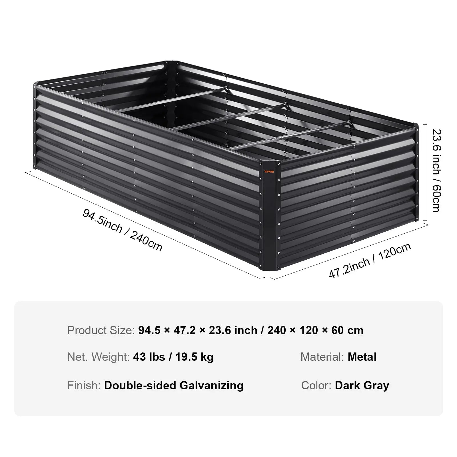 Garderion VEVOR Galvanized Raised Garden Bed 94.5x47.2x23.6" for Flowers & Vegetables Garderion