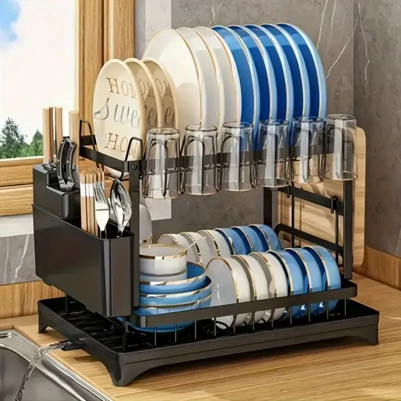 Garderion Kitchen Double Drain Rack - 2-Layer Dish Drainer with Cup Holder Garderion