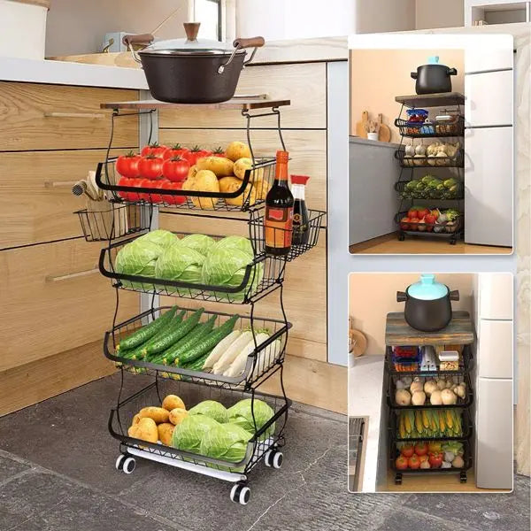 Garderion 5-Layer Fruit & Vegetable Storage Cart - Stackable Wire Basket with Wheels Garderion