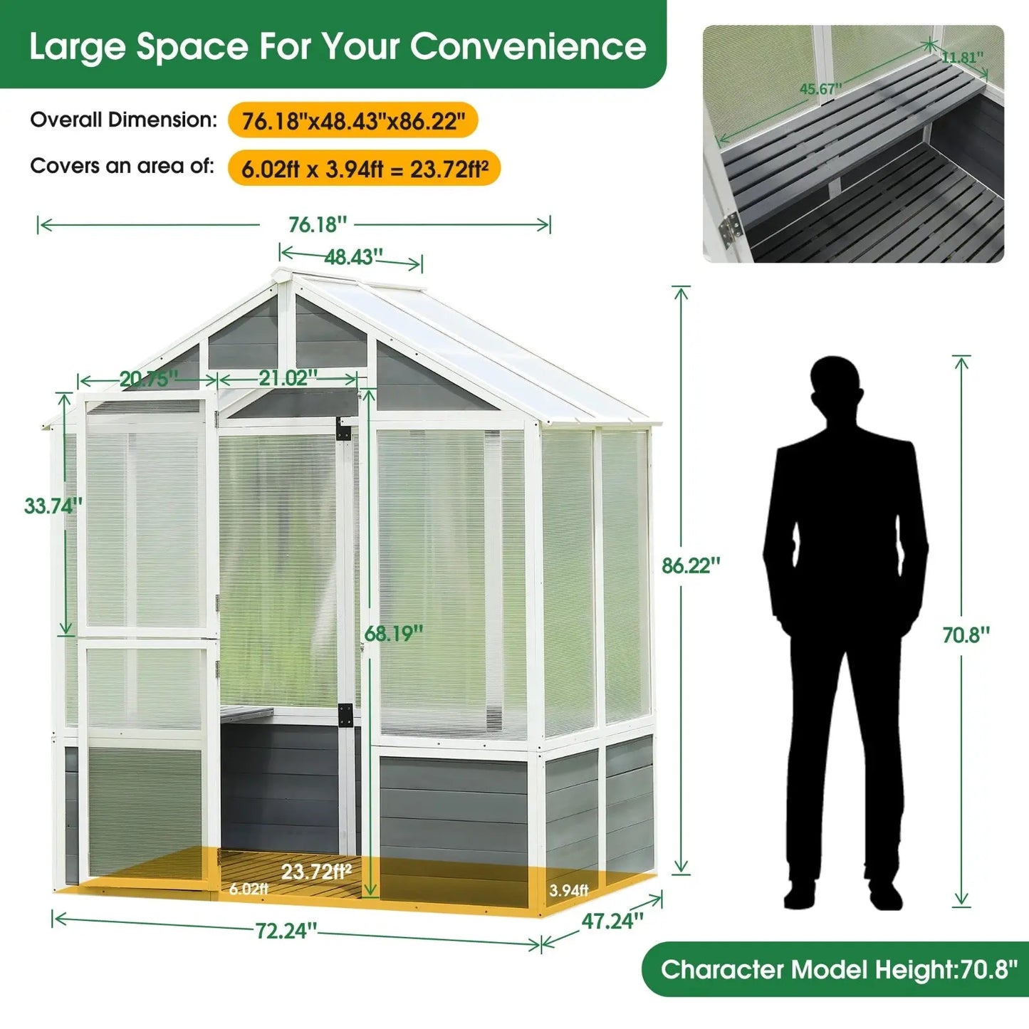 Garderion 76"x48"x86" Walk-In Polycarbonate Greenhouse Garderion