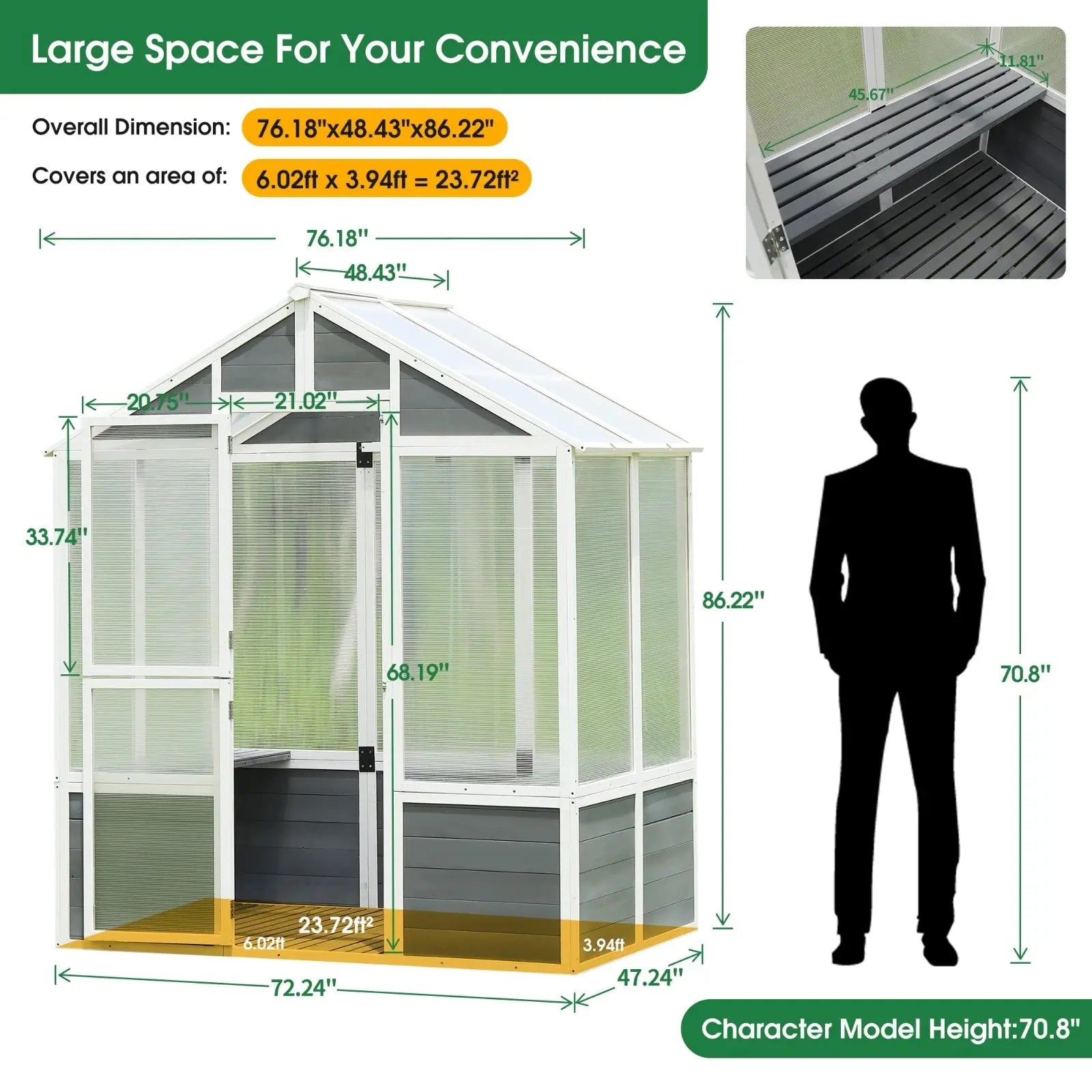 Garderion 76"x48"x86" Walk-In Polycarbonate Greenhouse Garderion
