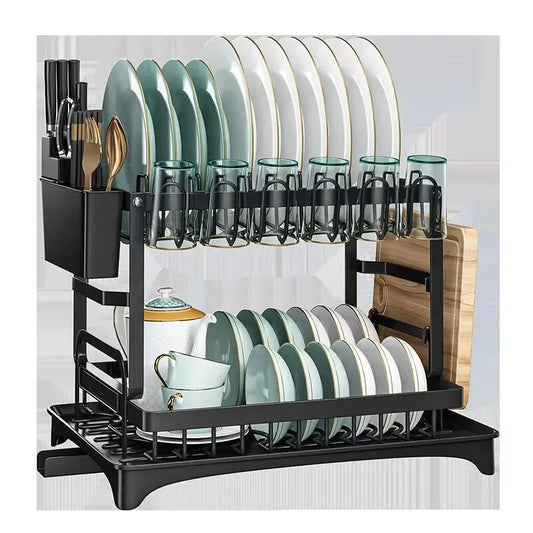 Garderion Kitchen Double Drain Rack - 2-Layer Dish Drainer with Cup Holder Garderion