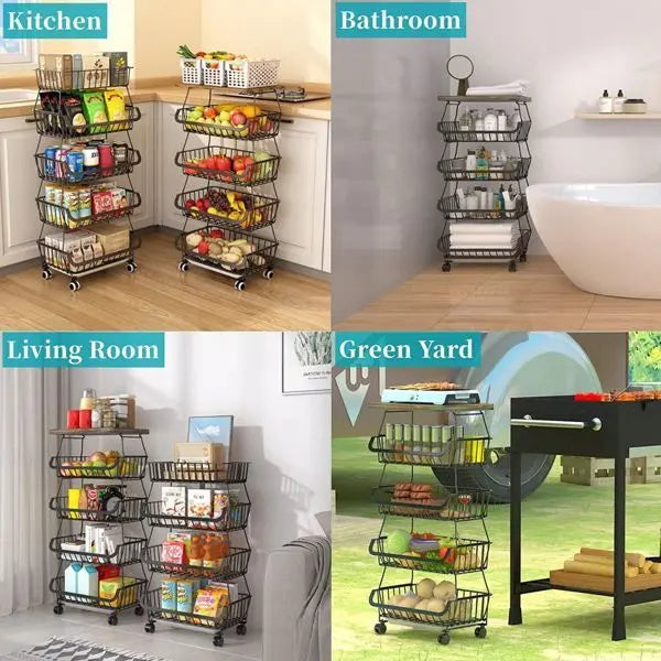 Garderion 5-Layer Fruit & Vegetable Storage Cart - Stackable Wire Basket with Wheels Garderion