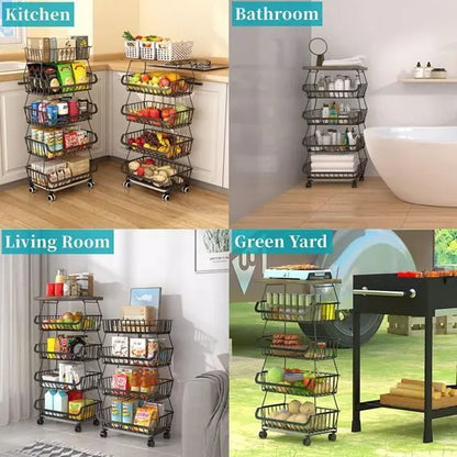 Garderion 5-Layer Fruit & Vegetable Storage Cart - Stackable Wire Basket with Wheels Garderion
