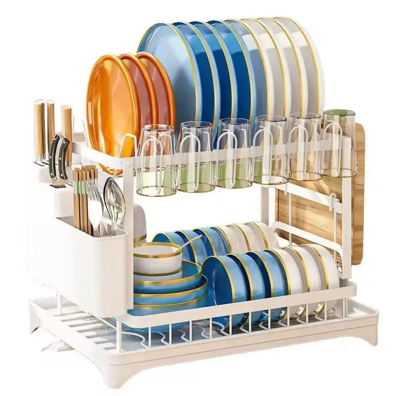 Garderion Kitchen Double Drain Rack - 2-Layer Dish Drainer with Cup Holder Garderion